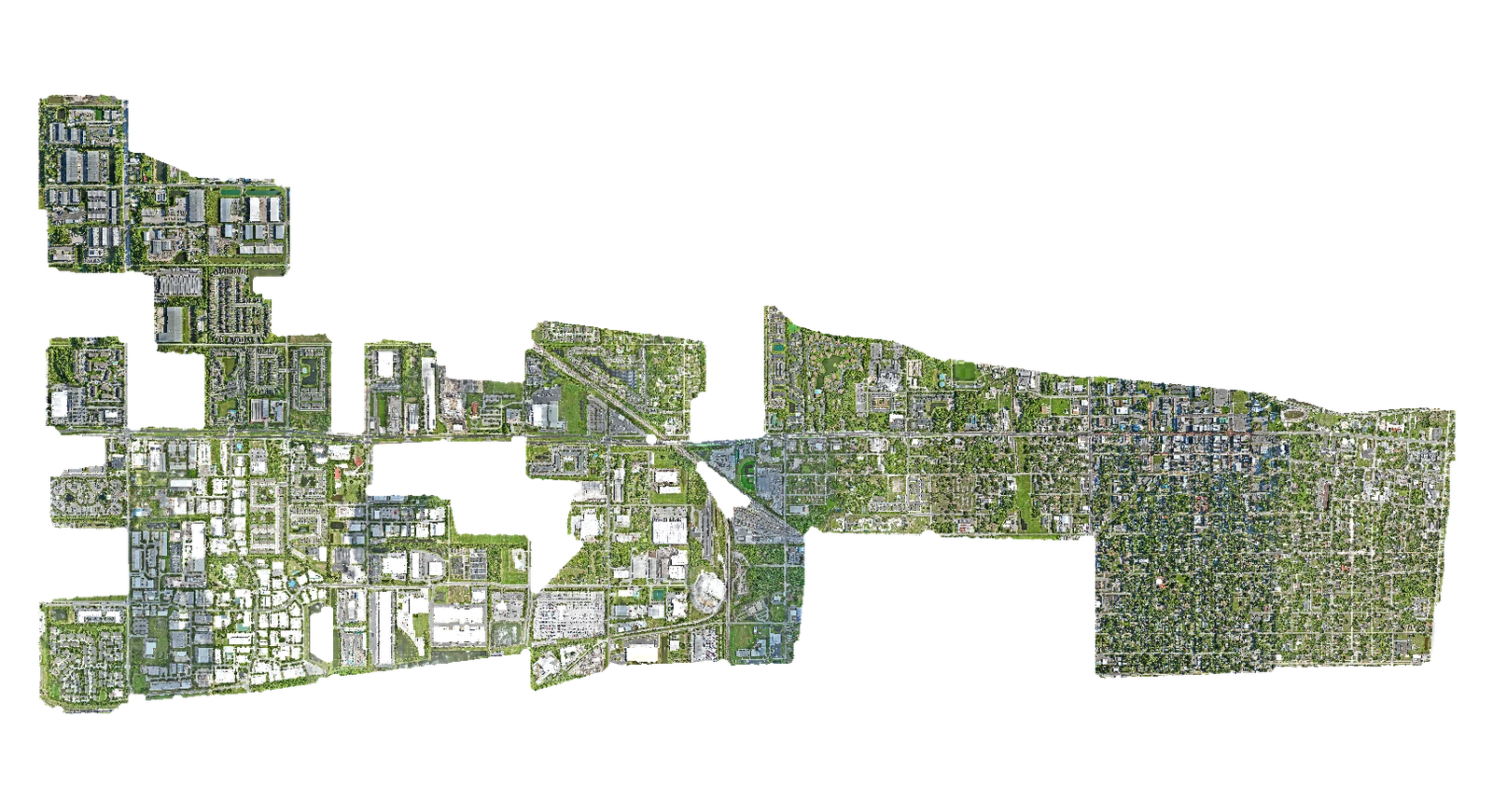 Top-down aerial orthomosaic coverage overview from a Central Florida multi-zone mapping mission, showing an irregular capture boundary stitched from many overlapping aerial images on a transparent background