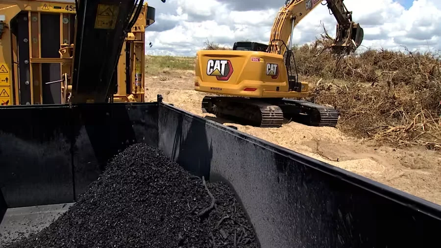 A CAT 336 excavator works a large pile of woody citrus brush and tree limbs at a Central Florida brush-grinding operation, viewed past the dark metal bed of the processing equipment in the foreground