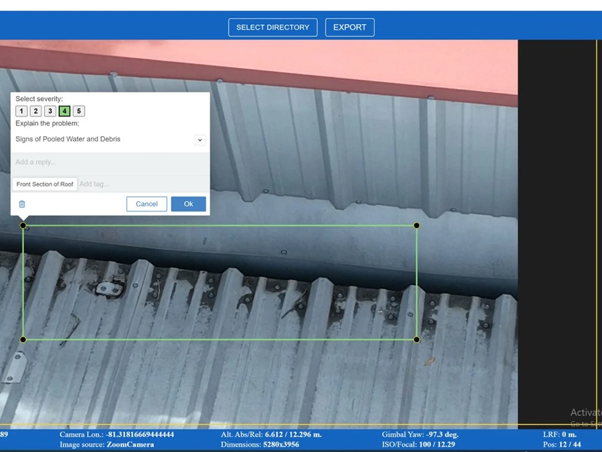 Screenshot of the ImageInspector report delivered to CrossFit eXalted showing the roof surface and a green-tagged finding labeled 'Signs of Pooled Water and Debris' with severity rating 3