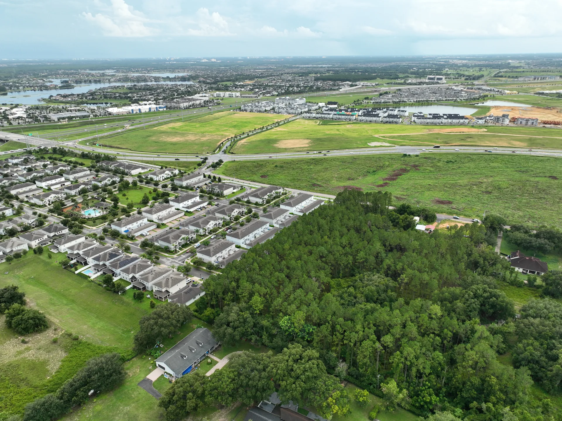 Wide aerial view of the Hamlin / Horizon West study area in Winter Garden, FL, showing the residential corridor, Highway 429, and the surrounding master-planned community that was captured for the photogrammetry project