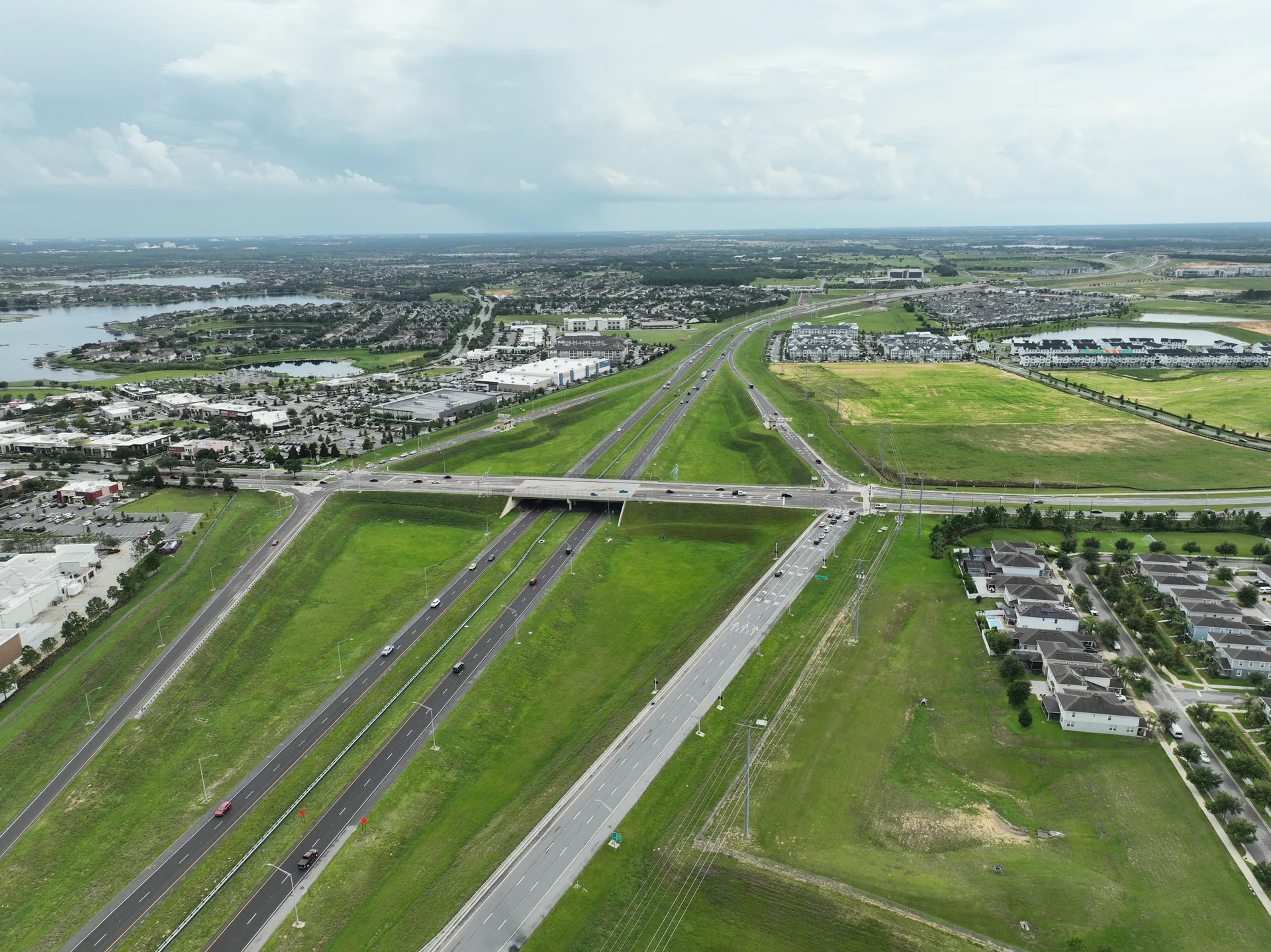 Highway 429 corridor through the Hamlin / Horizon West study area, with the interchange, retail frontages, and adjacent residential neighborhoods visible — the area the developer wanted featured in the interactive sales center experience