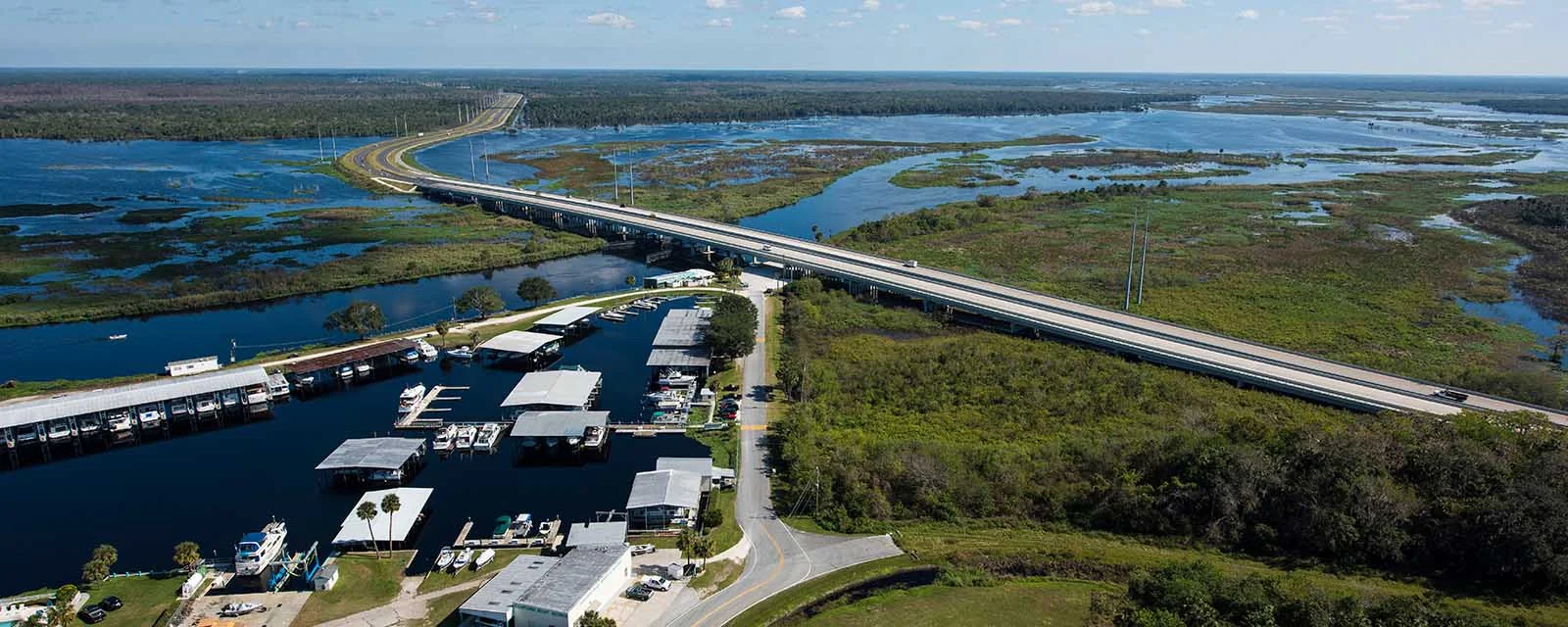 Aerial view of the Orlando area with construction work and St. Johns River in frame